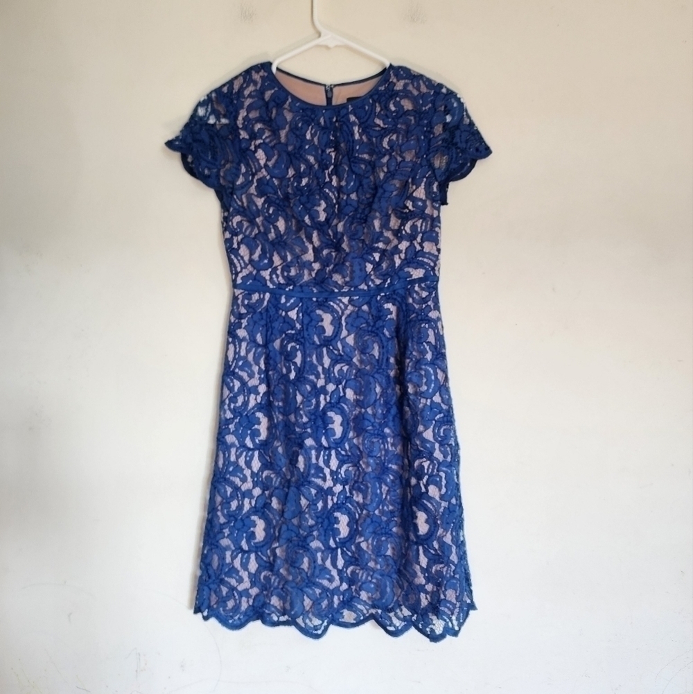 Adrianna Papell Blue All-over Lace w/ Nude Lining A-line Dress size 2